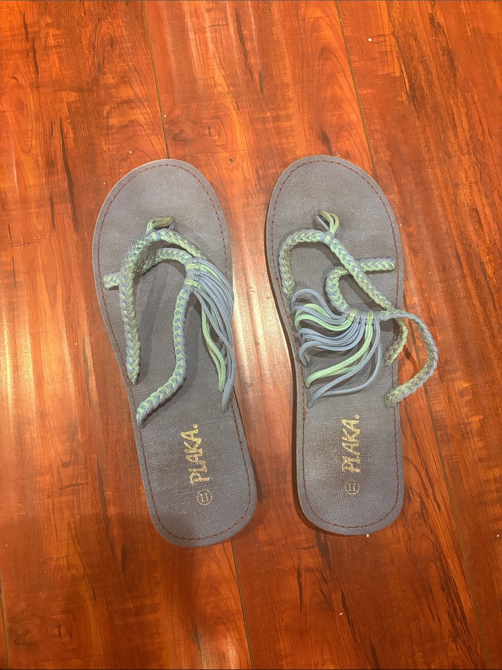 Women's Braided Strap Sandals in Gray with Green Accent